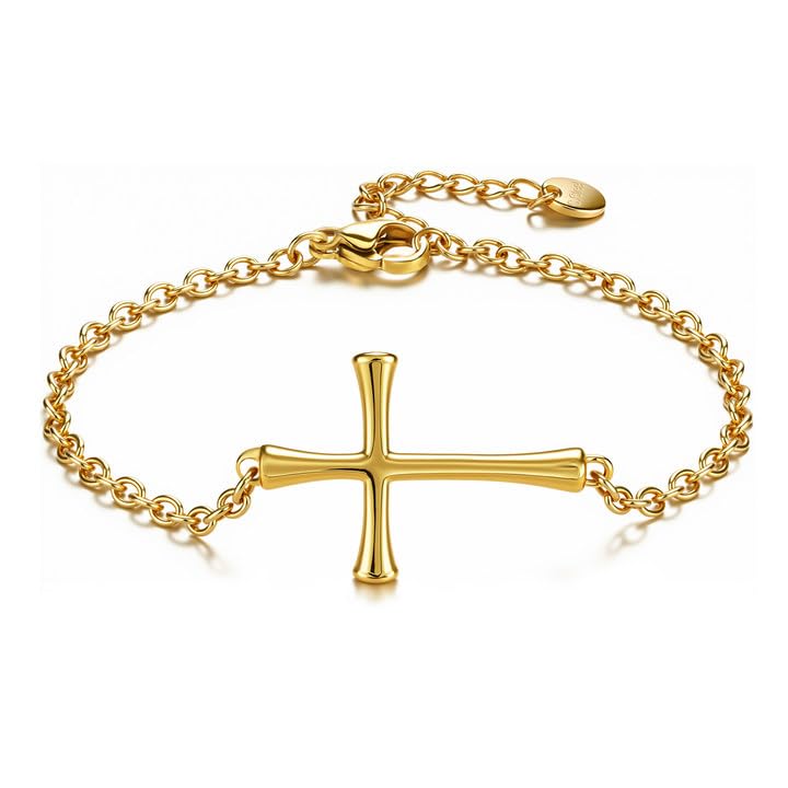 Dainty Cross Bracelet for Women, Adjustable Gold Plated Normal Style Chain 6.2 in + 1.2 in Stainless Steel