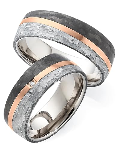 123traumringe Anillos de boda de carbono, titanio y con baño de oro rosado, precio por par con 1 brillante, incluye grabado, alianzas de titanio para él y ella, anillos de boda, S88
