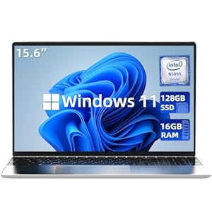 aichiw 15.6 Inch Laptop – Windows 11, 16GB RAM, 128GB SSD, Celeron Quad-Core up to 2.9GHz, PC Notebook with Dual Band WiFi, Fingerprint Reader, Backlit Keyboard – Silver
