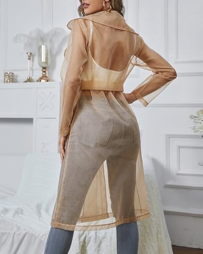 CHICME 2025 Women Longline Trench Coat Sheer Mesh Sleeve Buttoned CoatTransparent Jacket Coat with Belt2