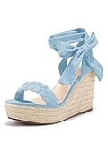 Syktkmx Womens Braided Wedge Espadrille Sandals Lace Up Slingback Open Toe Summer Platform Heeled Shoes, Blue, Size 6