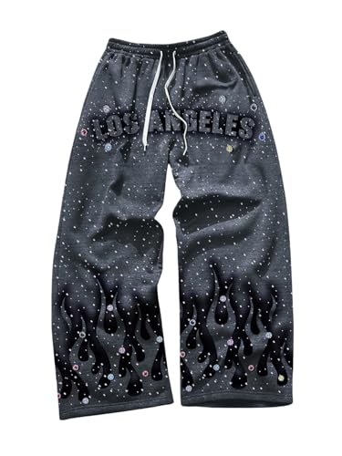 Men's Rhinestone Baggy Sweatpants Y2K Wide Leg Pants Drawstring Waist Loose Trousers