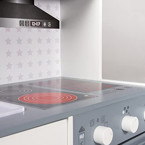 Foto von roba Kinderküche, Spielküche weiß, grau, Kinderküchenzeile mit Spüle, Wasserhahn, Mikrowelle, Herd, Grill, Herdplatten, Kühlschrank