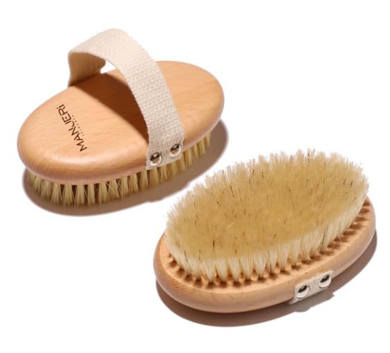 Manjeri Skincare Body Brush, Natural Bristle Exfoliator for Smooth, Radiant Skin, Lymphatic Drainage, and Skin Toning Brush for Shower or Dry Brushing
