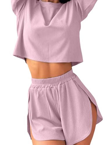 Image of Remidoo Women's Split Shorts Pajama Set Short Sleeve Tops and Shorts 2 Piece Pjs