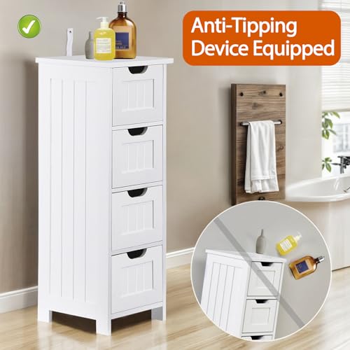 Saicool Bathroom Floor Storage Cabinet, Freestanding Wooden Side Organizer w/4 Drawers & Anti-Tip Kit for Bathroom Living Room Hallway Office Study, White - Thumbnail 3