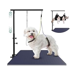 Dog Grooming Arm with Hammock, Adjustable Pet Grooming Stand with Clamp, Nooses & No-Sit Haunch Holder, Stainless Steel Grooming Restraint for Small Medium Dogs/Cats at Home