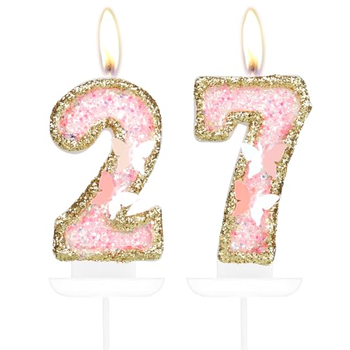 Velas de mariposa con el número 27, velas de cumpleaños número 27 de oro rosa para pastel, decoración de pastel de cumpleaños 27 para niñas, decoración de pastel de mariposa dorada 27, velas rosas
