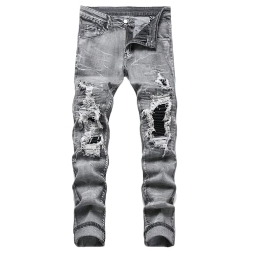 Men‘S Stretchy Denim Jeans Tearing Patchwork Holes Ripped Denim Elastic Waist Slim Fit Straight Trousers