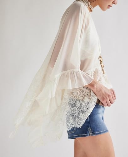 Womens Lace Poncho Top Y2k Batwing Sleeve Sheer Top Sexy See Through Chiffon Blouse Loose Ruffle Flowy Shirt2