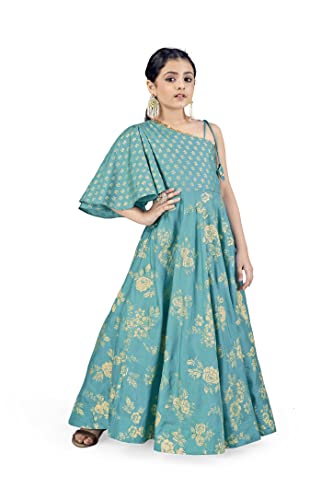 Image of Fashion Dream Girls Dola Silk Maxi Length One Shoulder Dress|Maxi Dress|Long Dress|Printed Dress|Printed Maxi Dress(Teal Blue 7-8 Year)