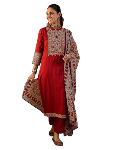 Image of INDO ERA Women's Straight Pure Cotton Floral Self Design Kurta & Pant With Dupatta Set | Kurta Sets For Woman