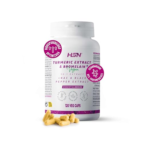 HSN Extracto de Cúrcuma Plus (95% de Curcuminoides) | 120 Cápsulas Vegetales | Con NAC + Bromelina + BioPerine® | 50x Veces Más Concentrado (30g de Raíz Curcuma longa) | No-GMO, Vegano, Sin Gluten