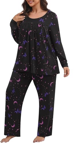 POSESHE Women’s Plus Size Pajama Sets Long Sleeve 2 Piece Crew Neck Lounge Sleepwear Ladies Cute Pjs Sets with Pockets 20254