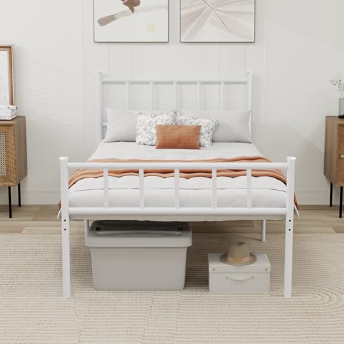 WJORATA Metal Platform Twin Bed Frame with Headboard Sturdy Steel Slats Support No Box Spring Needed Easy Assembly White
