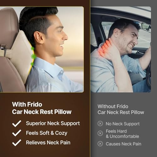 Image of Frido Ultimate Car Neck Rest Pillow| Ultrasoft Pillow for Comfortable Rides | Superior Neck Support Cushion | Relieves Neck Pain | Hi-Per Foam Head Rest Pillow with Washable Velvet Cover | Beige