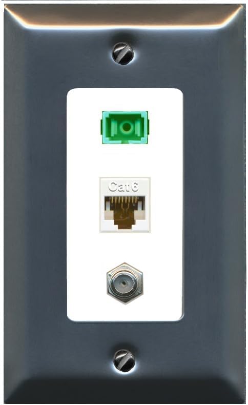 RiteAV 1 Port Fiber Optic Jack SC Simplex APC + Cat6 + Coax Wall Plate - 1 Gang Decorative [Stainless/Gray]
