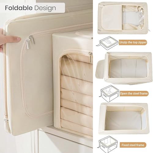 Image of Yellow Weaves 3 Pcs Clothes Organizer for Wardrobe, Foldable, Stackable, Space Saver Closet Basket, Cupboard Almirah Organizer, Storage Box for Clothes (Ivory, Regular)