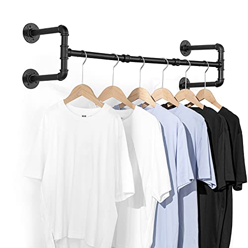 iflove Industrial Pipe Clothes Rack with 4 S-Shaped Hooks, 39''L Wall Mounted Garment Rack, Detachable Garment Bar, Heavy Duty Iron Clothes Hanging Rod, 4 Base Matte Black