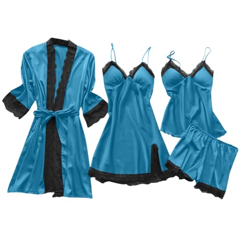Vêtements de nuit en satin bleu M : ensemble pyjama femme été 5 pièces et nuisette coton