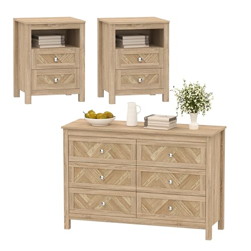 HXZDZ 3 Pieces Bedroom Sets with 6 Drawer Dresser and 2 Drawer Nightstands, Wooden Dresser and Nightstands for Bedroom, Natural Wood Grain