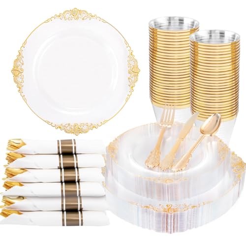 Nervure 175PCS Clear Gold Plastic Plates - Disposable Gold Party Plates & Pre Rolled Napkins with...
