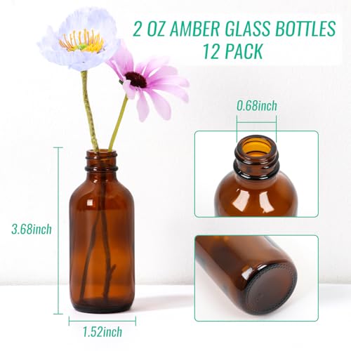 12 Pack 2 oz Amber Glass Bottles with Lids and Funnels,label, 60ml Glass Ginger Shot Bottles with Caps, Leak Proof Mini Travel Bottle for Diy Essential Oils, Perfumes, Whiskey and Juices2