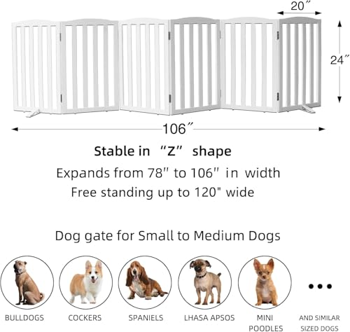 Image of Freestanding Pet Gate, Folding Safety Fence Wooden Kids & Dog Gate with 2PCS Support Feet Ideal for Stairs, Doorways, Halls, Kitchens, Indoors Gates, 24 inch(60 Cm), White (6 Panel)