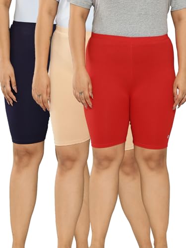 Image of LEADING LADY Women's Solid Cotton Mid Rise Shorts | Skinny fit Short for Workout, Yoga, Gym & Running Shorties (Pack of 3)