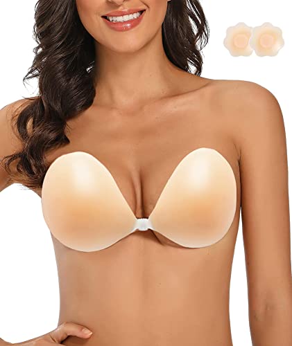 CheChury Soutien Gorge Adhesif en Silicone Soutien Gorge Dos Nu sans Bretelles Invisible Femme Soutiens-Gorge Autoadhésifs Push Up Soutien-Gorge Réutilisable Bra,A Cup