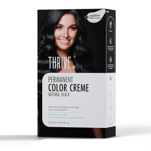ThriveCo Crème Permanent Hair Color – Natural Black | 100% Grey Coverage | Hyaplex™ Bond-Building Technology | Ammonia-Free, Long-Lasting & Nourishing | For Men & Women | ( 60 ml + 60 ml + 10 ml ) 130 ml