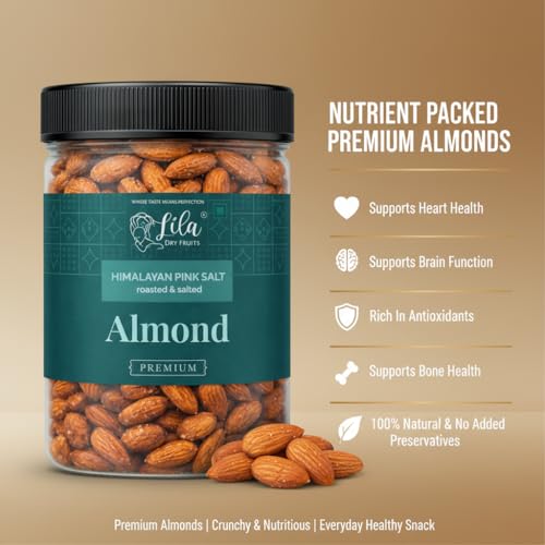 Image of LILA DRY FRUITS Roasted Almonds 100 gms Himalayan Pink Salt Flavour | Crunchy Salted Badam Snack Protein Rich Roasted Nuts | Badaam Healthy Evening Snack for Daily Snacking Perfect for Gifting