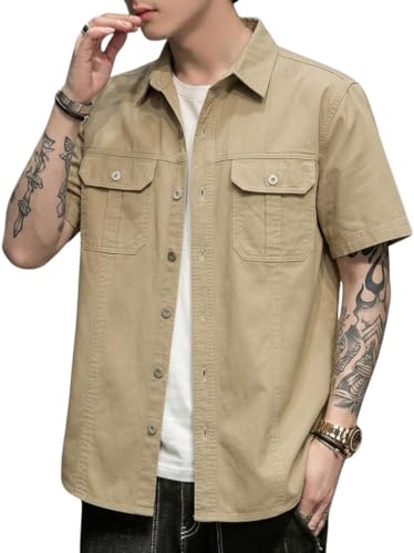 Image of SMOWKLY Men's Casual Solid Printed Cotton Regular Fit Shirt || Half Sleeve, Button Down, Double Front Pocket || Denim Jacket Style Fashionable Western Outfit