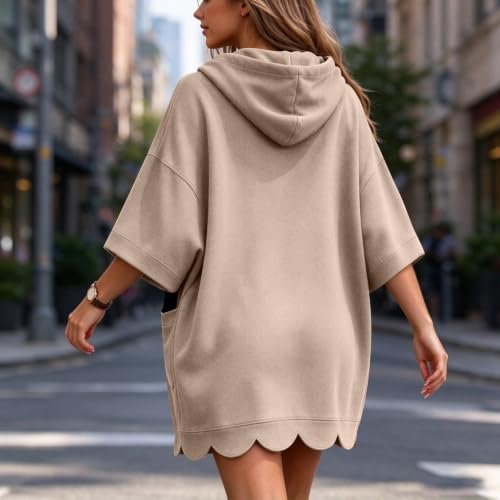 Hoodie Dress for Women 3/4 Sleeve Scalloped Oversized Hoodie with Pockets - image 3