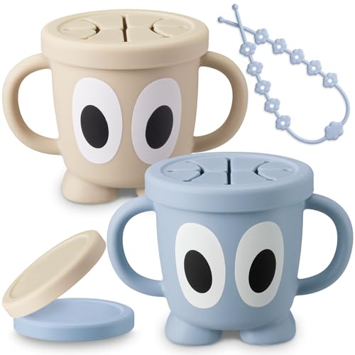 Image of Jkevow Silicone Snack Cups Food Container for Toddlers and Babies, Spill Proof Training Cup with Snack Cup Lid & Dust Proof Lid, Comes with a toy strap, Without BPA, Lead, or Phthalates (Ether&Beige)