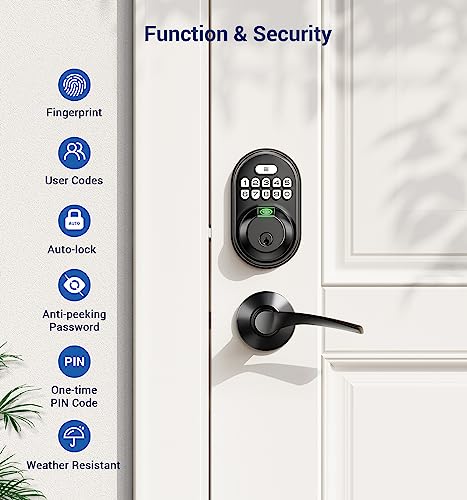 Veise Fingerprint Door Lock With 2 Lever Handles - Keyless Entry Door Lock, Keypad Door Lock With Handle, Electronic Deadbolt Front Door Lock Set, Auto Lock, Easy Installation, Matte Black #TOP3