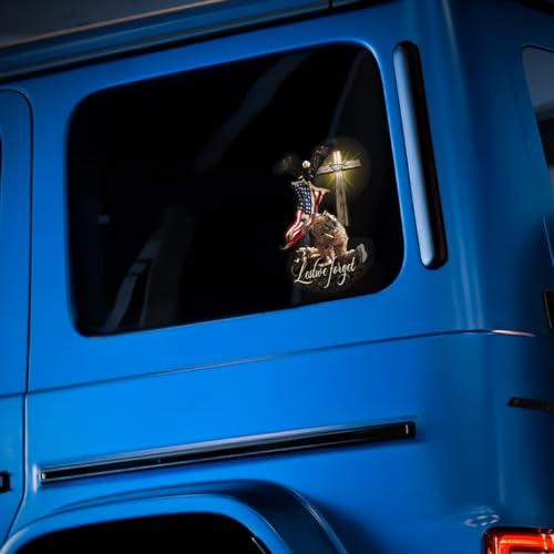 Image of Veteran American Flag with Eagle and Jesus Cross Lost We Forget Car Window Decals, Meaningful Gift for American Veterans, Transparent Car Vinyl Decal Sticker for Car Windows (6x9 inches)