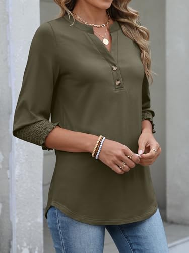ANRABESS Women's 3/4 Sleeve Henley Blouse, Soft V Neck Top for Dressy Casual, Work & Business Office Wear Army Green Medium — view 4