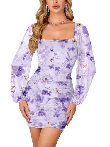 Rooscier Women's Glitter Long Sleeve Bodycon Dress Square Neck Mesh Ruched Party Mini Dresses Light Purple Floral X-Small