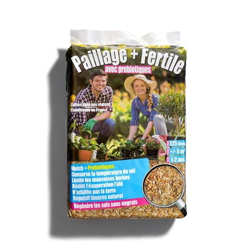 Générique Paillage + Fertile® – Pailles de roseaux défibrées enrichies en probiotiques 125L – Paillis Naturel Anti-limaces, stimule la Vie du Sol, protège Les Racines (Sac unitaire)