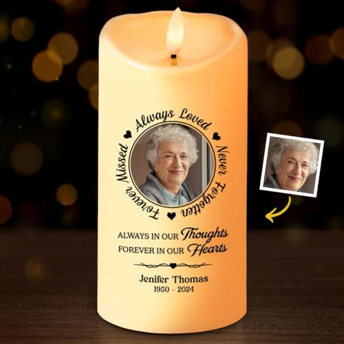 DOPTIKA Always in Our Thoughts Personalized Photo LED Memorial Candles for Loss of Loved One, Flameless Christmas Candle, Sympathy Candles, Bereavement Candle Gifts for Loss of Mom, Dad