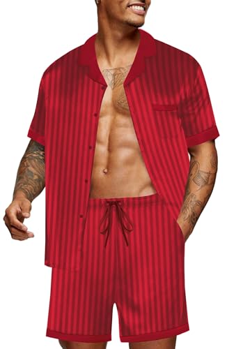 Image of Ekouaer Mens Satin Pajamas Set Button-Down Short /Long Sleeve Shirt Top Soft Silk Sleepwear Loose Pocket Pant Loungewear