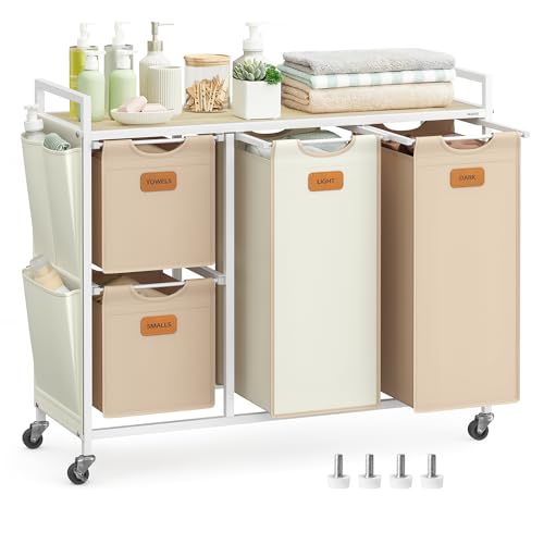VASAGLE Panier à Linge, 4 Compartiments, Corbeille 150 L, Bac, Roulettes, Chariot avec Étagères, Sac, Poches Latérales, 6 Étiquettes, Beige Naturel,...
