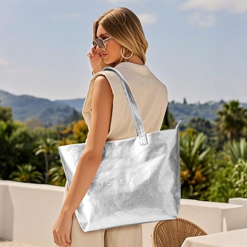 Image of KALIDI PVC Zipper Tote Bag, Jelly Kraft Paper Beach Bag Large Hobo Carry All Travel Shopping Handbag Plastic Shoulder Bag