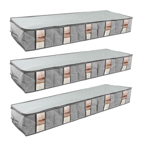 Newaner Pack of 3 Underbed Storage Boxes with Divider, Non-Woven Fabric, Foldable Storage Bag, Clothes Storage with Clear Window for Duvets, Clothes, 97 x 33 x 15 cm