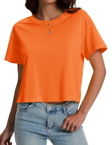 Image of SMENG Women's Crop Tops Cotton Loose Fit Tshirt Basic Short Sleeve Shirt