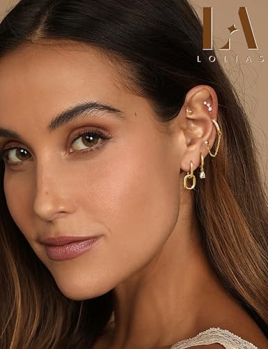 LOLIAS Hypoallergenic Gold Hoop Stud Earring Stacks for Women Trendy - 14K Gold Plated Chain Cartilage Earrings Cute Silver Huggie Earrings Sets for Multiple Piercing Jewelry Lightweight 8Pairs3
