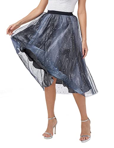 S・DEER Tulle Skirt for Women Midi Sequin Long Flowy Skirt Knee Length Elastic High Waist Cute Homecoming Dress3