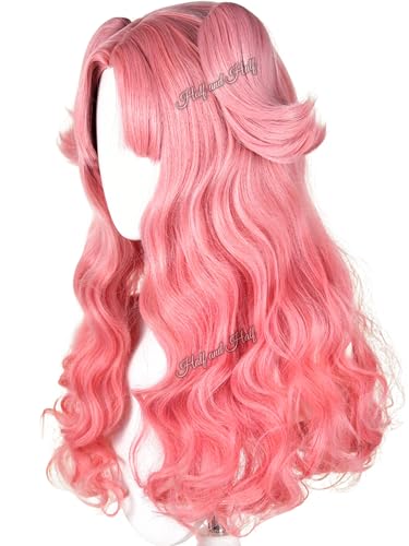 Image of Half and Half Tetia Cosplay Wig Peach Pink Anime Curly Ponytail Wig with Bangs Long Pink Wave Wigs for Women MagicGirl Wizard Halloween Party Daily