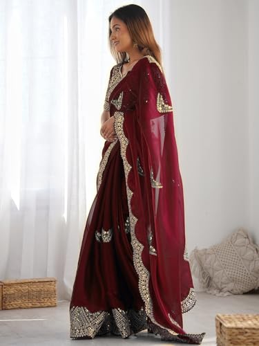 Image of Satrani Women's Tissue Silk Sequin Embroidery Scalloped Border Saree with Unstitched Blouse Piece
